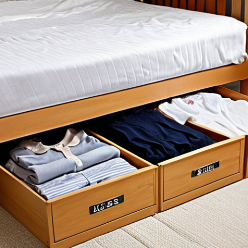Home 4 **Under-bed storage:** A neatly organized under-bed storage area with labeled boxes containing clothes and linens. The bed frame is a light wood color and the room has a minimalist aesthetic.