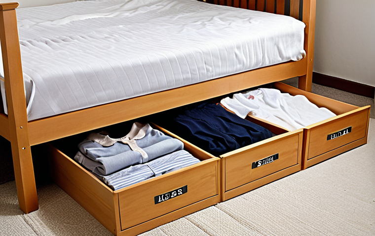 **Under-bed storage:** A neatly organized under-bed storage area with labeled boxes containing clothes and linens. The bed frame is a light wood color and the room has a minimalist aesthetic.